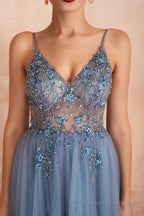 Spaghetti Straps V-neck Sheer Top Tulle Long Prom Dresses with Side Slit