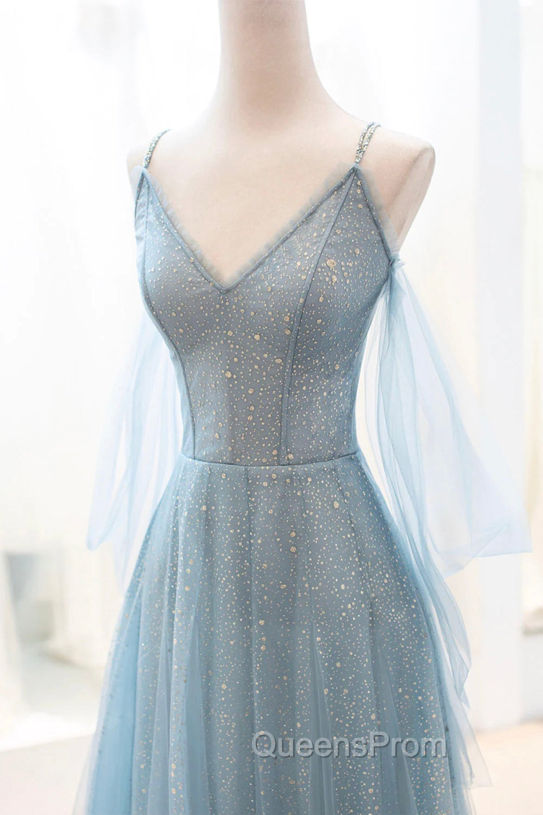 Dusty Blue Sparkly Tulle Long Evening Prom Dress, A-Line Spaghetti Strap Evening Dress Secondary image