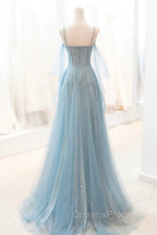 Dusty Blue Sparkly Tulle Long Evening Prom Dress, A-Line Spaghetti Strap Evening Dress