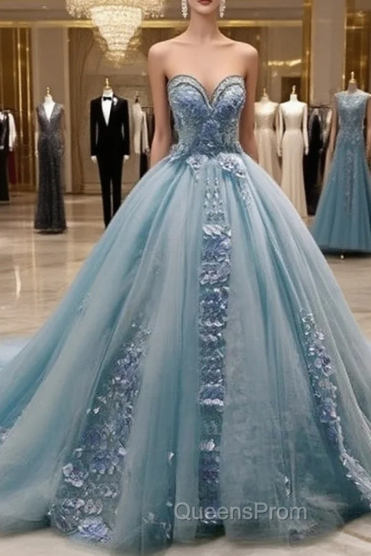 Dusty Blue Sweetheart Ball Gown Quinceanera Dress Strapless with 3D Flowers