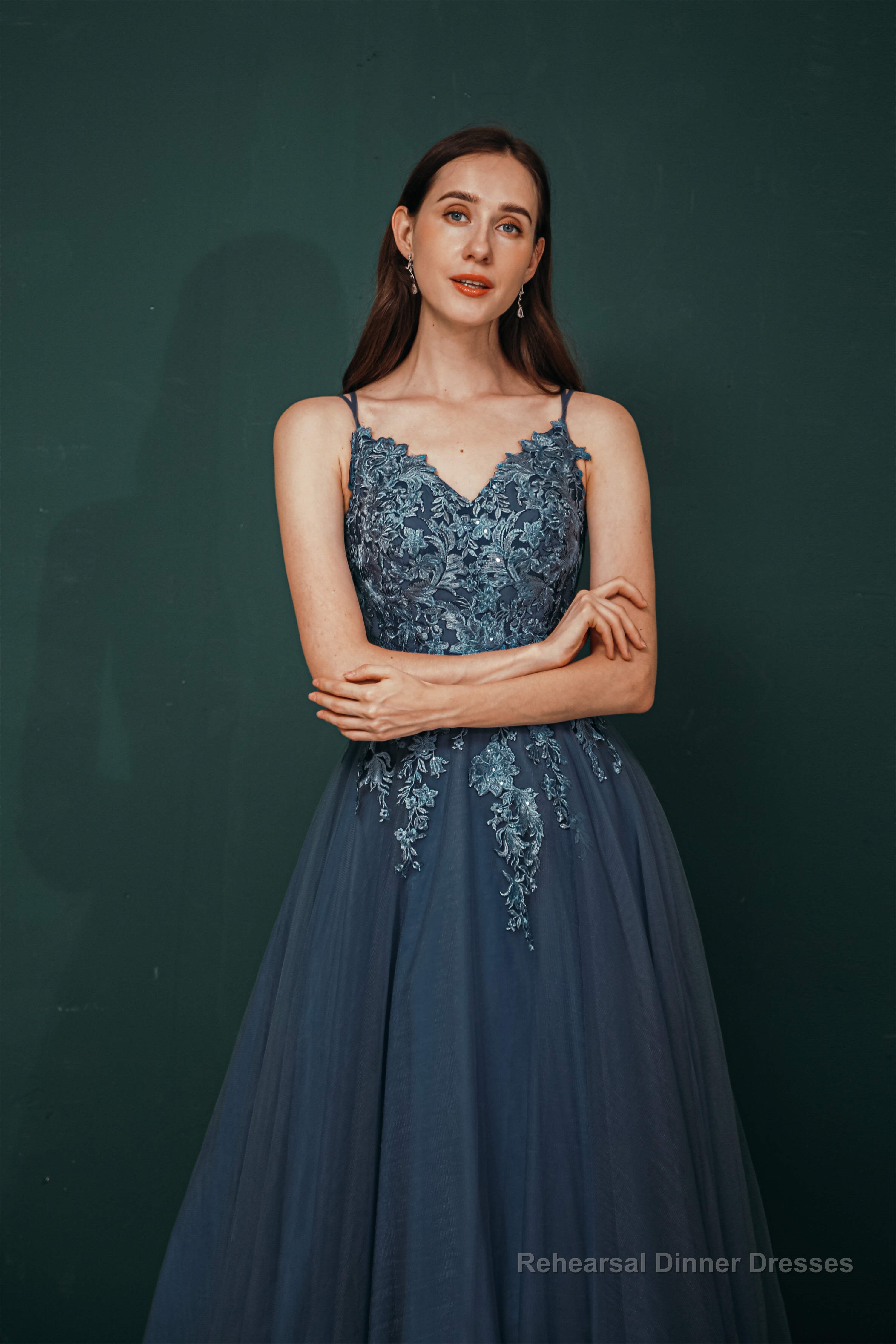 Dusty Blue Tulle A-line Low back Spaghetti strap Prom Dresses