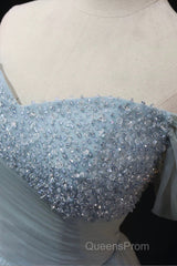Dusty Blue Tulle Beaded Floor Length Formal Dress, Off The Shoulder A-Line Evening Party Dress