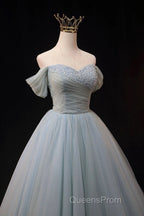Dusty Blue Tulle Beaded Floor Length Formal Dress, Off The Shoulder A-Line Evening Party Dress