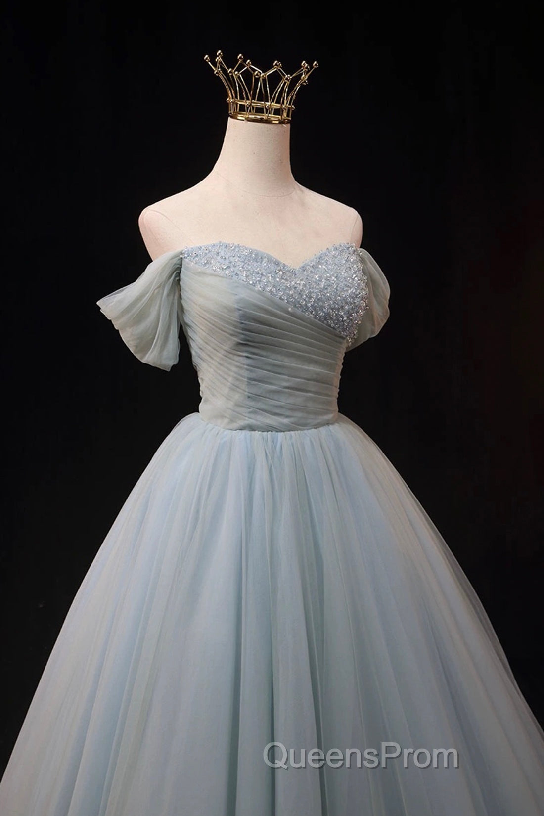 Dusty Blue Tulle Beaded Floor Length Formal Dress, Off The Shoulder A-Line Evening Party Dress