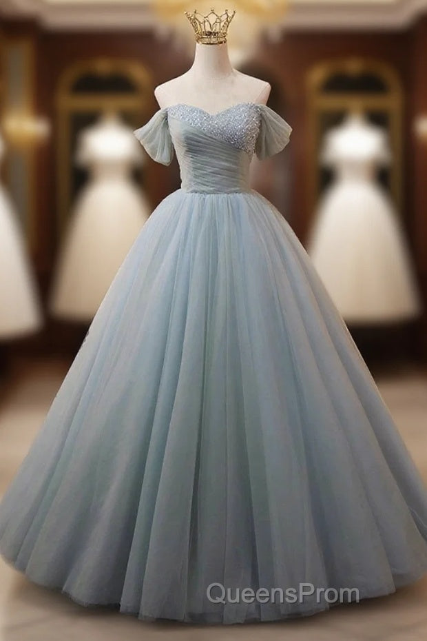 Dusty Blue Tulle Beaded Floor Length Formal Dress, Off The Shoulder A-Line Evening Party Dress