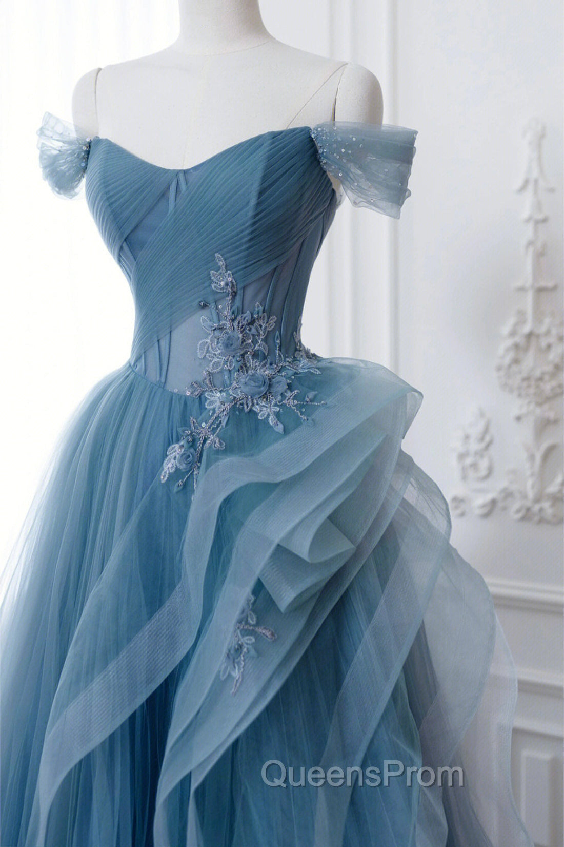 Dusty Blue Tulle Floor Length Evening Prom Dress, Blue Off the Shoulder Removable Sleeve Evening Dress Secondary image