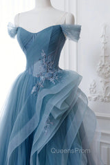 Dusty Blue Tulle Floor Length Evening Prom Dress, Blue Off the Shoulder Removable Sleeve Evening Dress