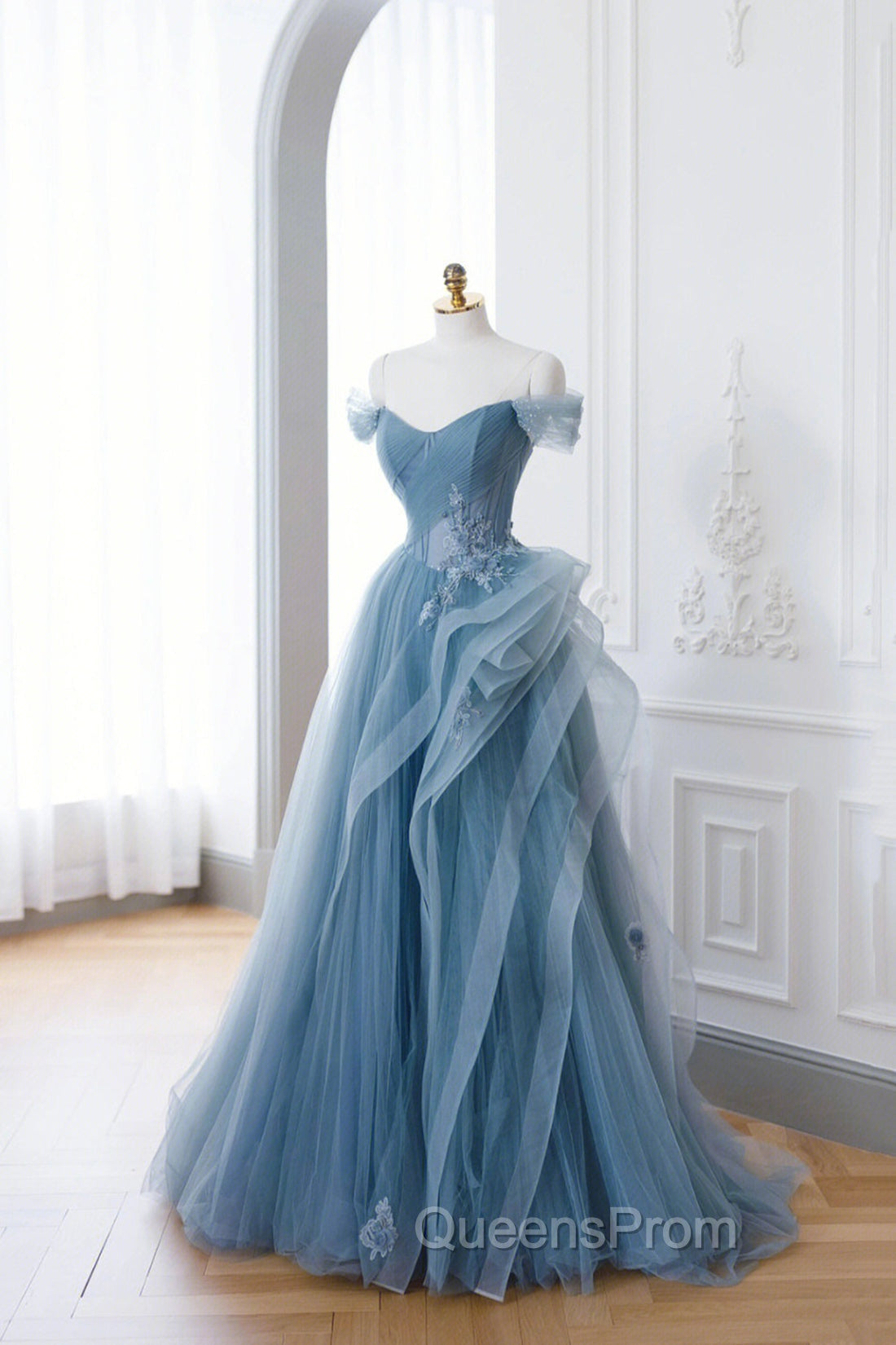 Dusty Blue Tulle Floor Length Evening Prom Dress, Blue Off the Shoulder Removable Sleeve Evening Dress Main image
