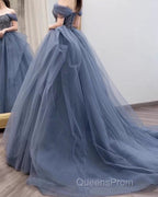 Dusty Blue Tulle Evening Prom Dress Off Shoulder