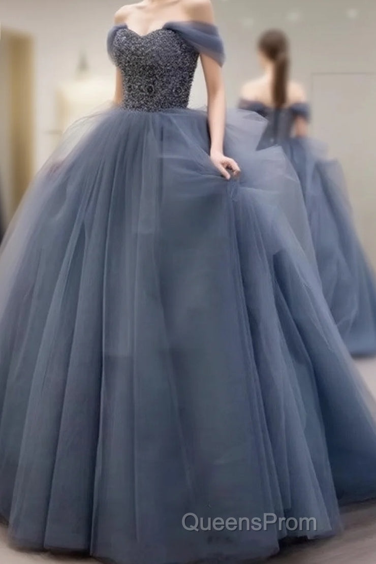 Dusty Blue Tulle Evening Prom Dress Off Shoulder Main image