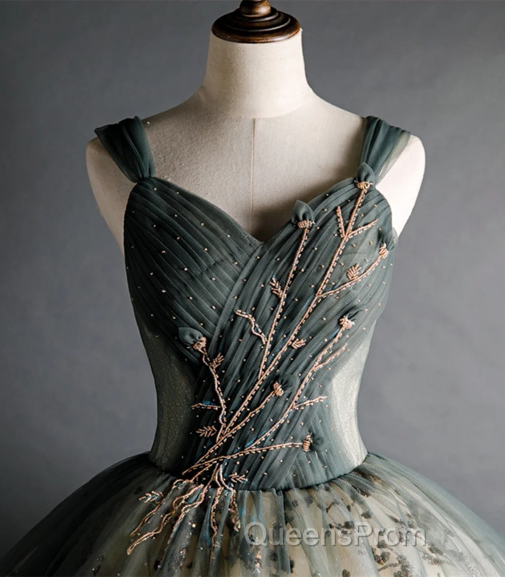Dusty Green Ball Gown Beaded Tulle Formal Dress, Ball Gown Sweet 16 Dress Secondary image