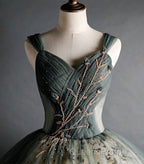 Dusty Green Ball Gown Beaded Tulle Formal Dress, Ball Gown Sweet 16 Dress
