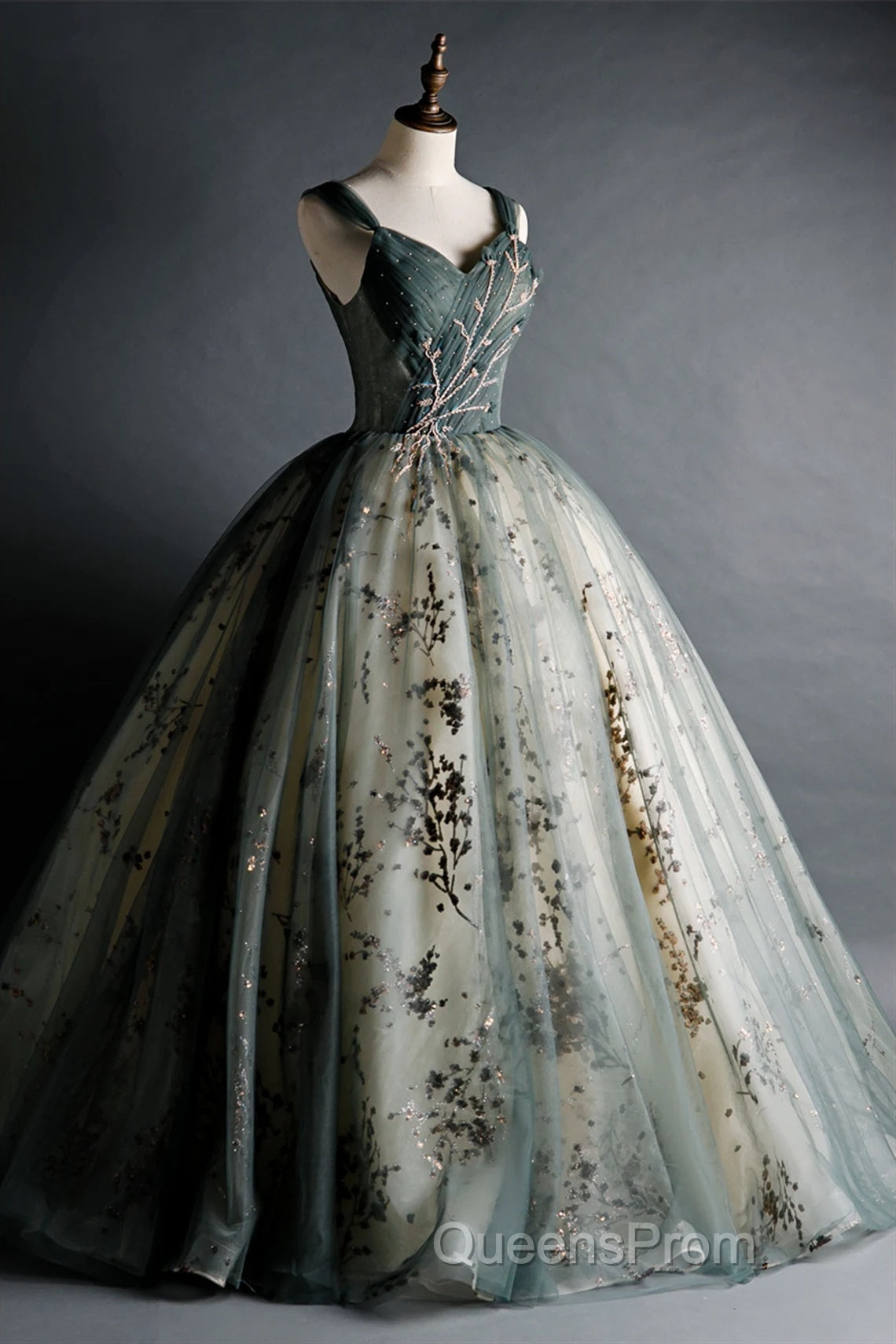 Dusty Green Ball Gown Beaded Tulle Formal Dress, Ball Gown Sweet 16 Dress