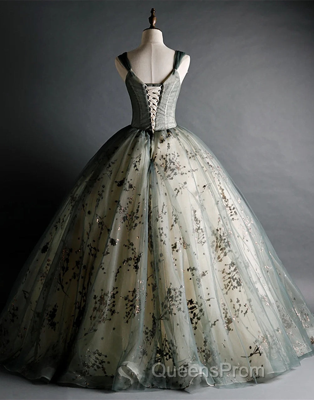 Dusty Green Ball Gown Beaded Tulle Formal Dress, Ball Gown Sweet 16 Dress
