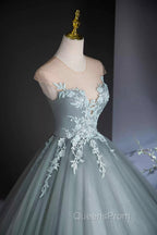Dusty Green Tulle Floor Length Evening Prom Dress with Lace, Elegant A-Line Evening Dress