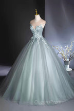 Dusty Green Tulle Floor Length Evening Prom Dress with Lace, Elegant A-Line Evening Dress