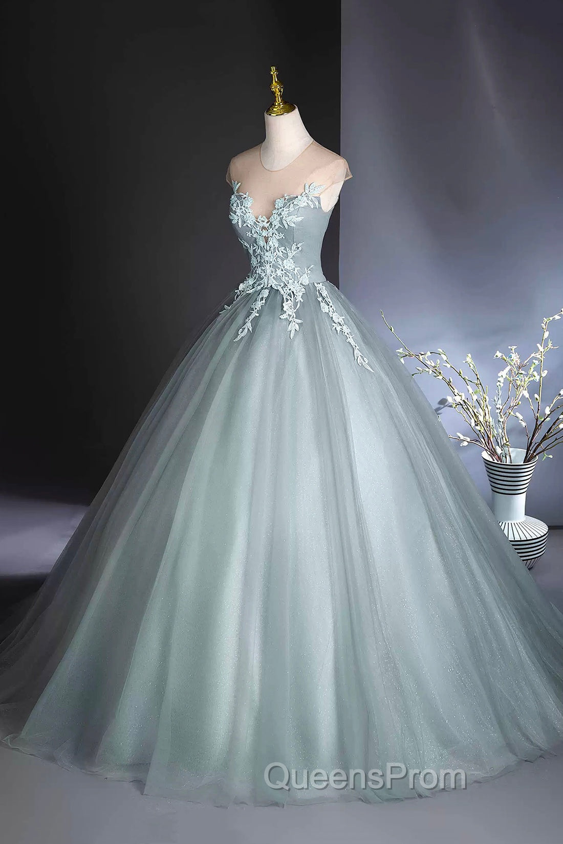 Dusty Green Tulle Floor Length Evening Prom Dress with Lace, Elegant A-Line Evening Dress
