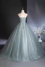 Dusty Green Tulle Floor Length Evening Prom Dress with Lace, Elegant A-Line Evening Dress