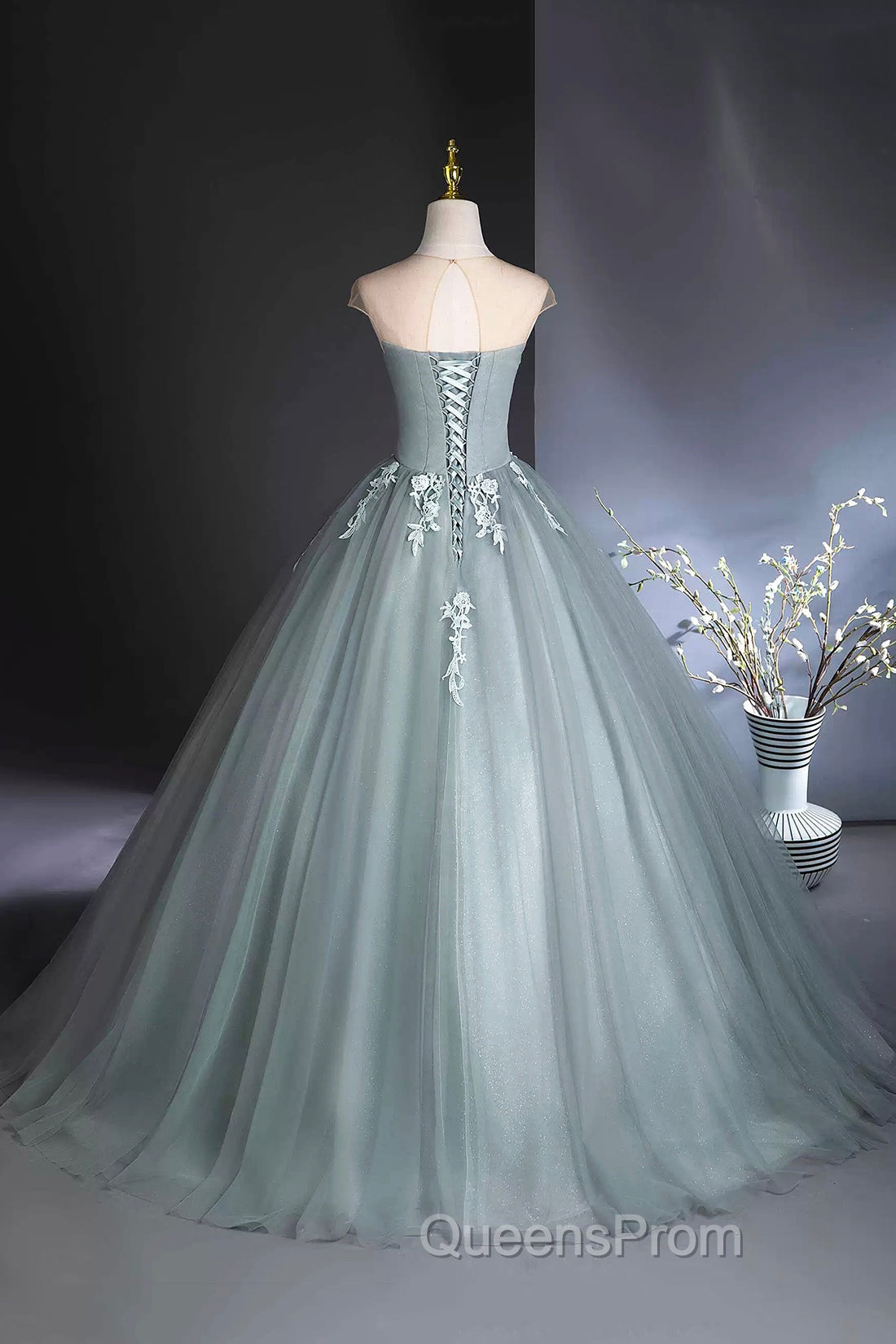Dusty Green Tulle Floor Length Evening Prom Dress with Lace, Elegant A-Line Evening Dress