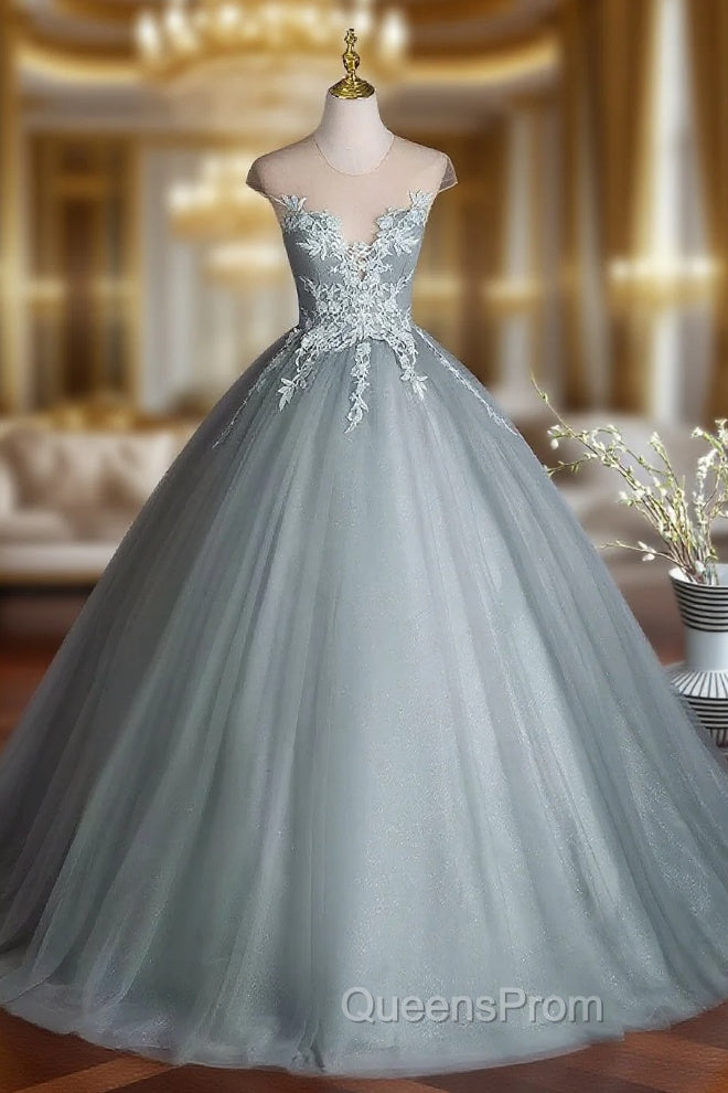 Dusty Green Tulle Floor Length Evening Prom Dress with Lace, Elegant A-Line Evening Dress Main image