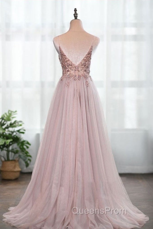 Dusty Pink Spaghetti Straps Gorgeous Beading Evening Prom Dress A Line Split Tulle Evening Dress Secondary image
