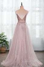 Dusty Pink Spaghetti Straps Gorgeous Beading Evening Prom Dress A Line Split Tulle Evening Dress