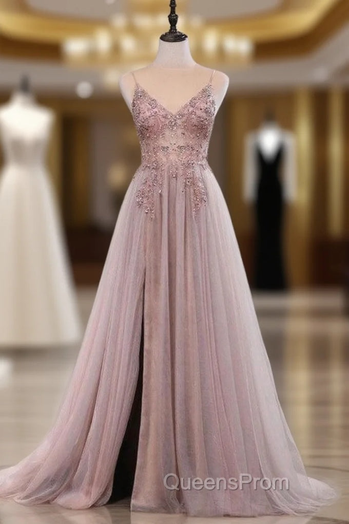 Dusty Pink Spaghetti Straps Gorgeous Beading Evening Prom Dress A Line Split Tulle Evening Dress Main image