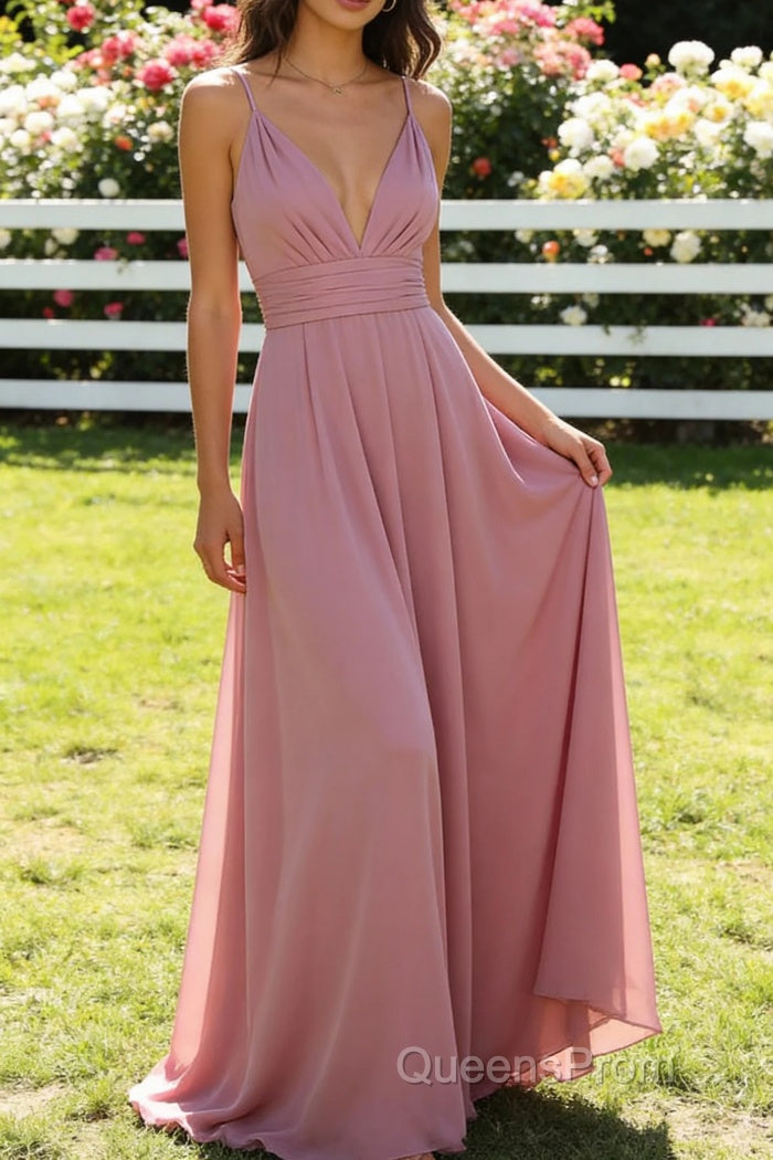 Dusty Rose A Line Chiffon Long Prom Dresses Deep V Neck Bridesmaid Dress Main image