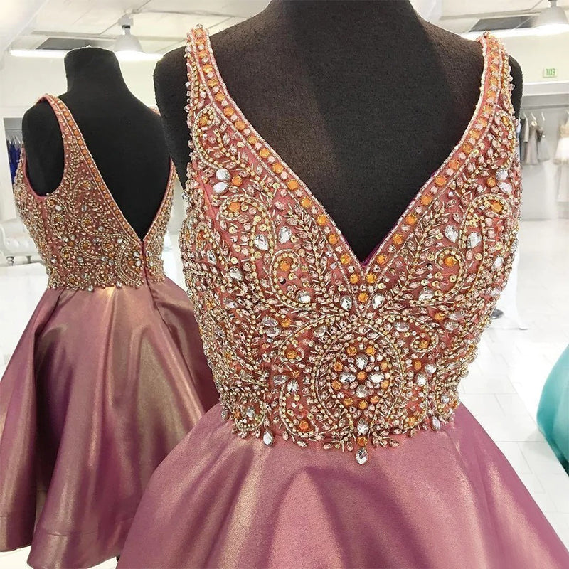 Dusty Rose Stunning Rhinestone Sparkly Beaded Top Homecoming Dress
