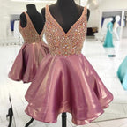 Dusty Rose Stunning Rhinestone Sparkly Beaded Top Homecoming Dress