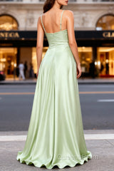 Dusty Sage A Line Cowl Neck Satin Long Evening Prom Dress with Pleated