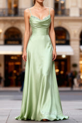 Dusty Sage A Line Cowl Neck Satin Long Evening Prom Dress with Pleated