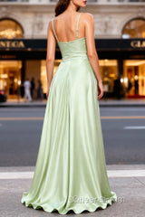 Dusty Sage A Line Cowl Neck Satin Long Evening Prom Dress with Pleated