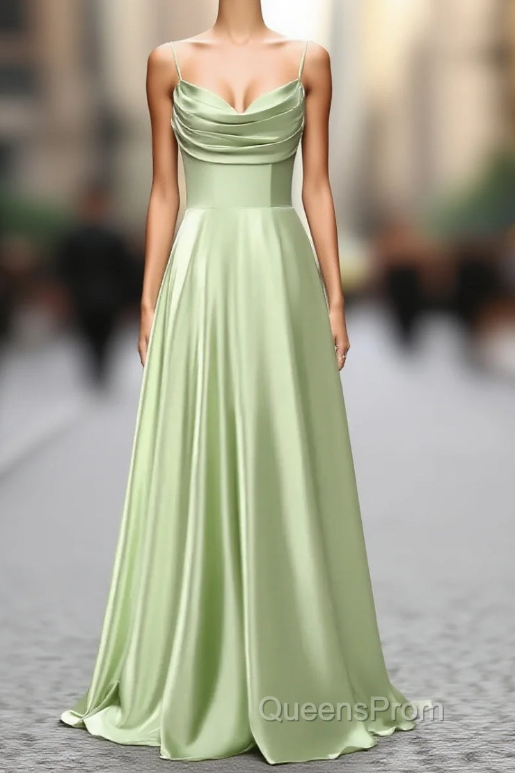 Dusty Sage A Line Cowl Neck Satin Long Evening Prom Dress with Pleated Main image