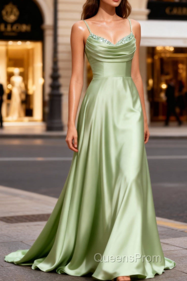 Dusty Sage Classy Satin Long Evening Prom Dress with Pleated Main image