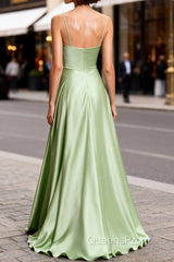 Dusty Sage Cute Satin Long Evening Prom Dress with Pleated
