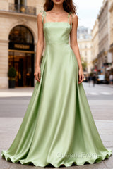 Dusty Sage Elegant Satin Long Evening Prom Dress with Pleated