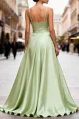 Dusty Sage Elegant Satin Long Evening Prom Dress with Pleated