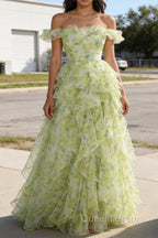 Dusty Sage Floral Ruffled A-Line Square Neck Long Prom Dress