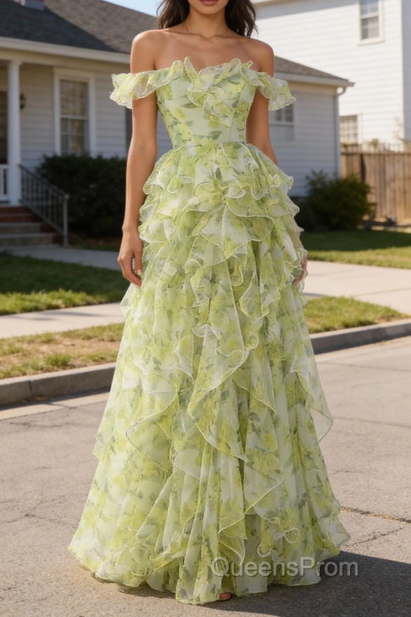 Dusty Sage Floral Ruffled A-Line Square Neck Long Prom Dress Main image