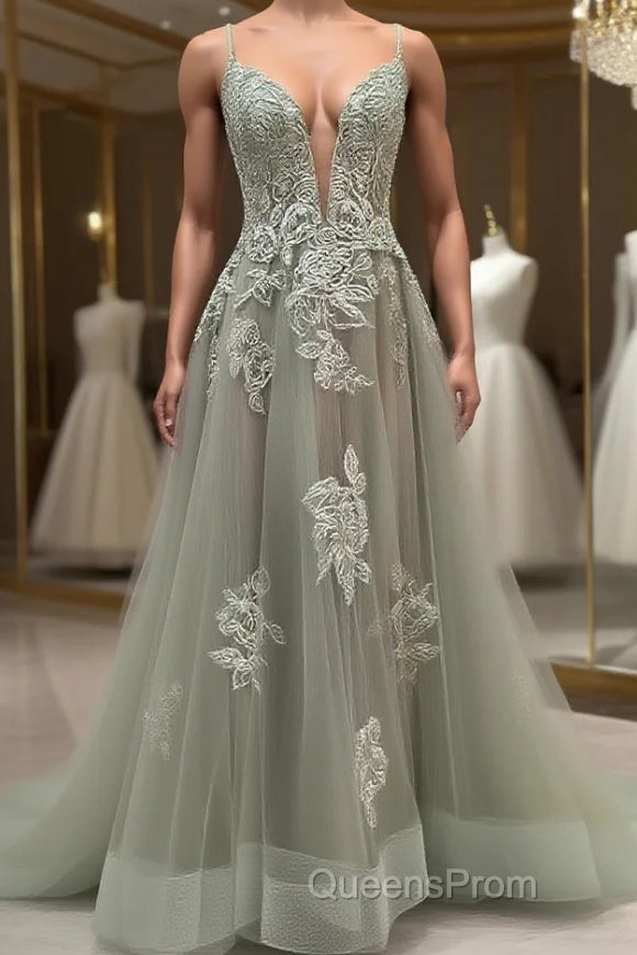 Dusty Sage Evening Prom Dress Plunging V Neck Appliques Lace-Up A-line Long Evening Gown Main image