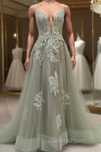 Dusty Sage Evening Prom Dress Plunging V Neck Appliques Lace-Up A-line Long Evening Gown