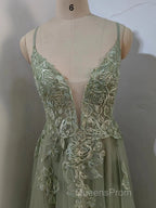 Dusty Sage Evening Prom Dress Plunging V Neck Appliques Lace-Up A-line Long Evening Gown