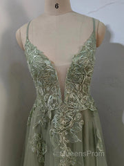 Dusty Sage Evening Prom Dress Plunging V Neck Appliques Lace-Up A-line Long Evening Gown