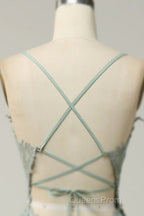 Dusty Sage Evening Prom Dress Plunging V Neck Appliques Lace-Up A-line Long Evening Gown