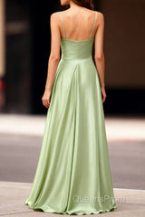 Dusty Sage Satin Long Classy Evening Prom Dress with Pleated