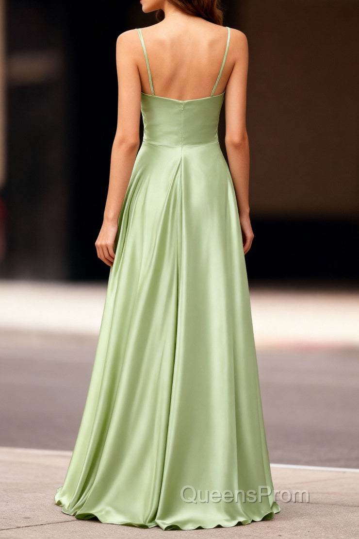Dusty Sage Unique Satin Long Evening Prom Dress with Pleated Secondary image