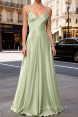 Dusty Sage Unique Satin Long Evening Prom Dress with Pleated