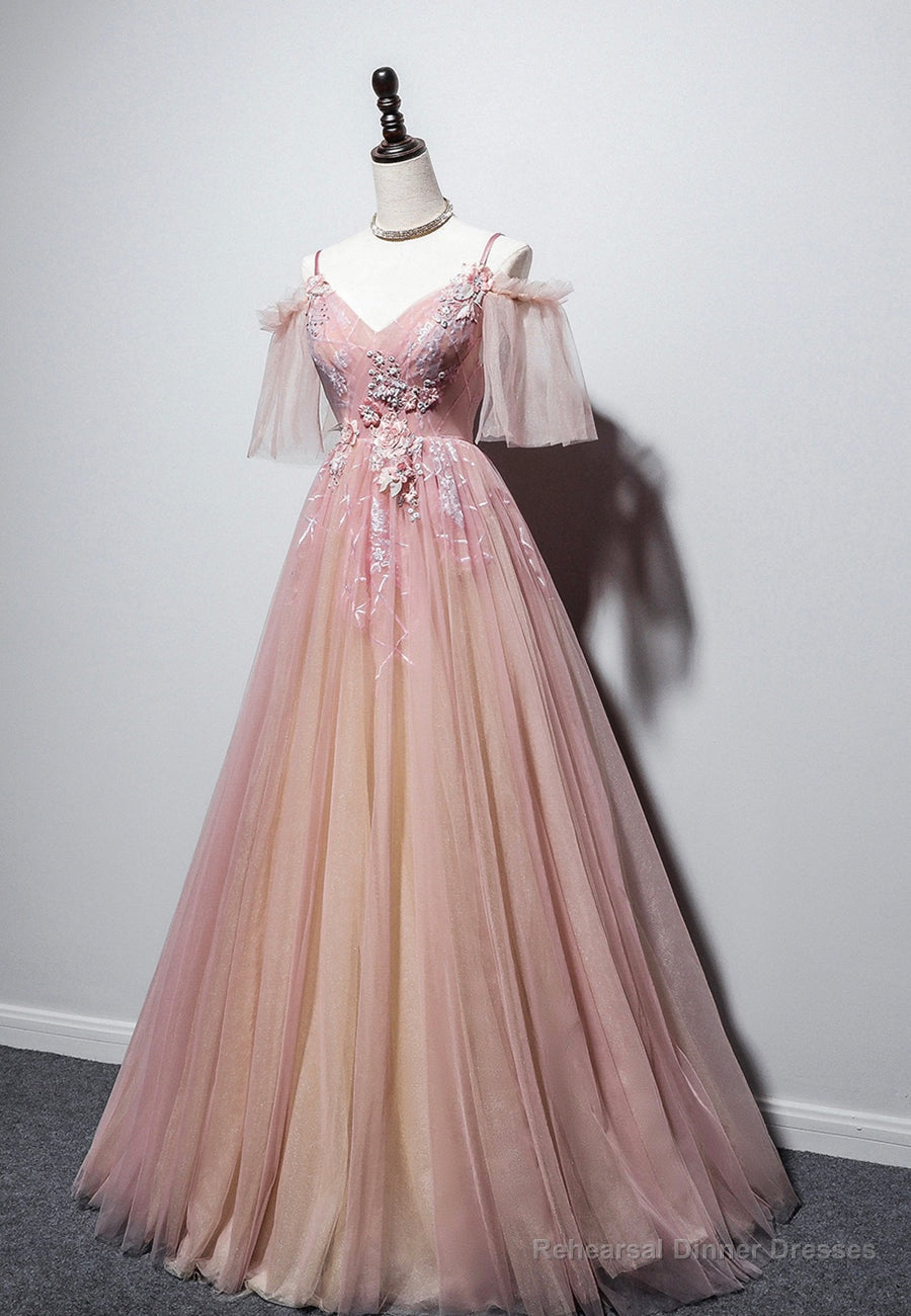 Pink V-Neck Lace Long Prom Dresses, A-Line Evening Dresses Secondary image