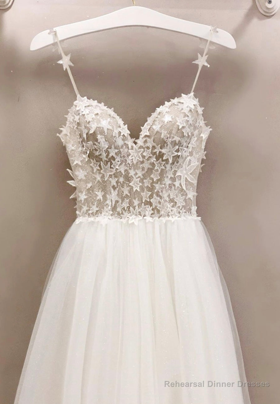 White Tulle Long A-Line Prom Dresses with Lace Main image
